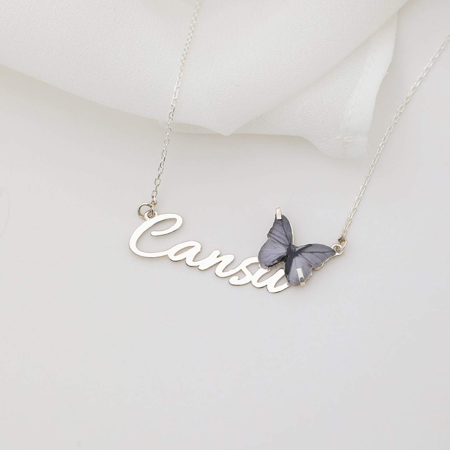 925 Ayar Gümüş Kişiye Özel Lila Renk Kelebek Tasarımlı Kolye