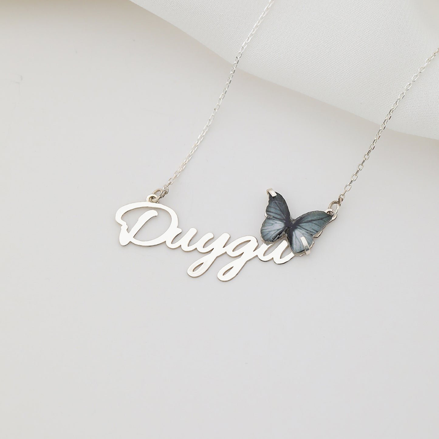 925 Ayar Gümüş Kişiye Özel Siyah Kelebek Kolye