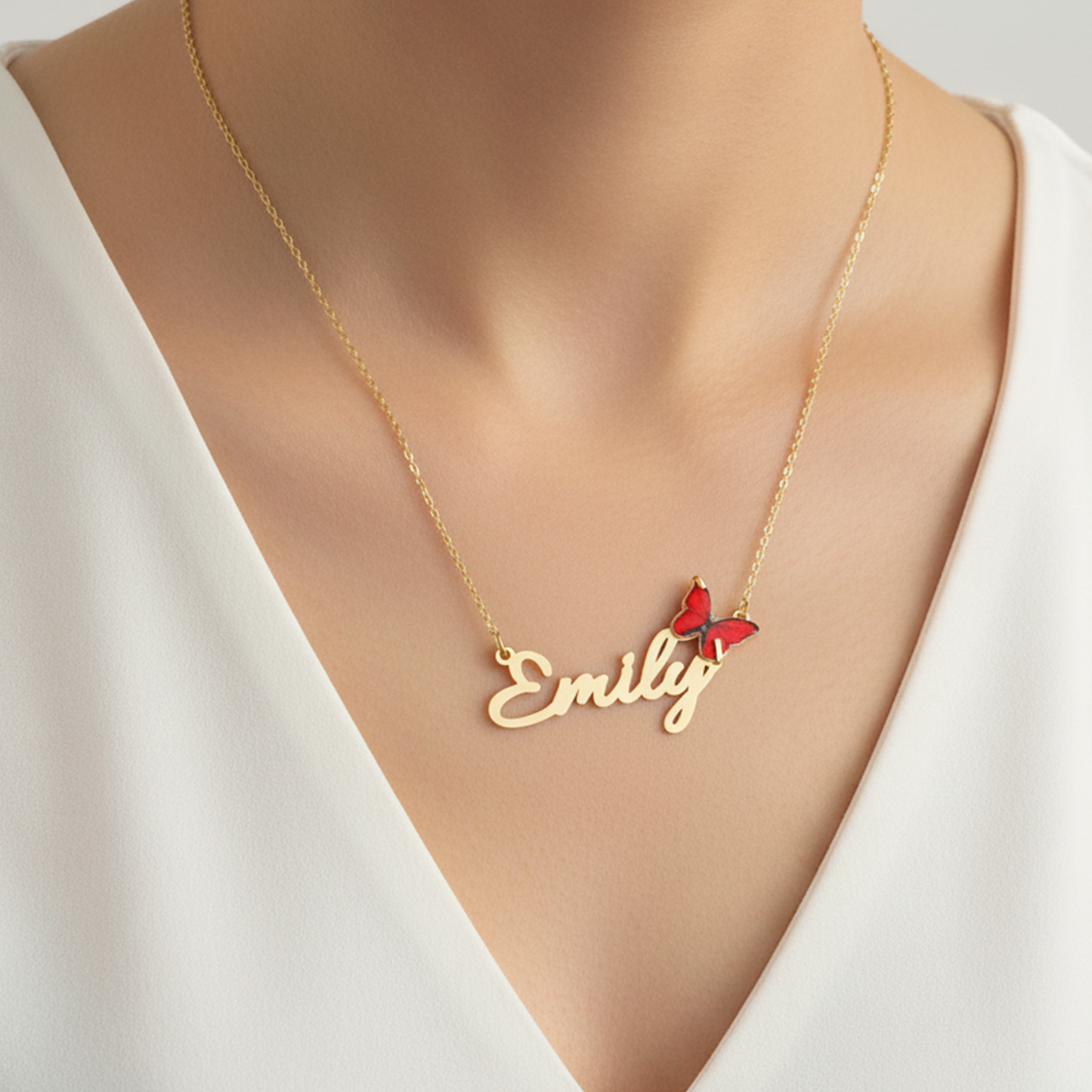 925 Ayar Gümüş Kişiye Özel Kırmızı Kelebek Tasarımlı İsim Kolye