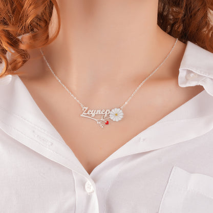 925 Ayar Gümüş Kişiye Özel Kalp Detaylı Papatya Tasarımlı İsim Kolye