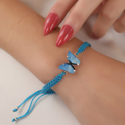 925 Ayar Gümüş Mavi Kelebek Tasarımlı İpli Bileklik