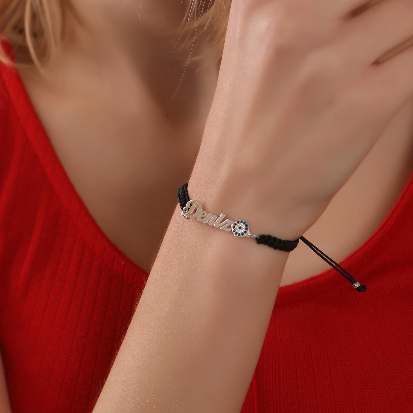 925 Ayar Gümüş Kişiye Özel Nazar Boncuklu İsimli Siyah İpli Bileklik