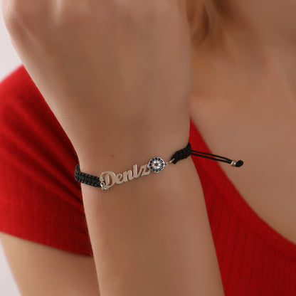 925 Ayar Gümüş Kişiye Özel Nazar Boncuklu İsimli Siyah İpli Bileklik
