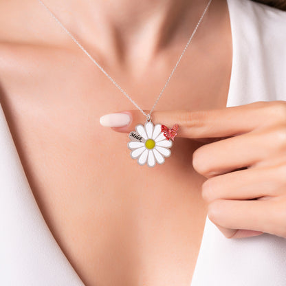 925 Ayar Gümüş Kişiye Özel Kelebek Detaylı Papatya Kolye