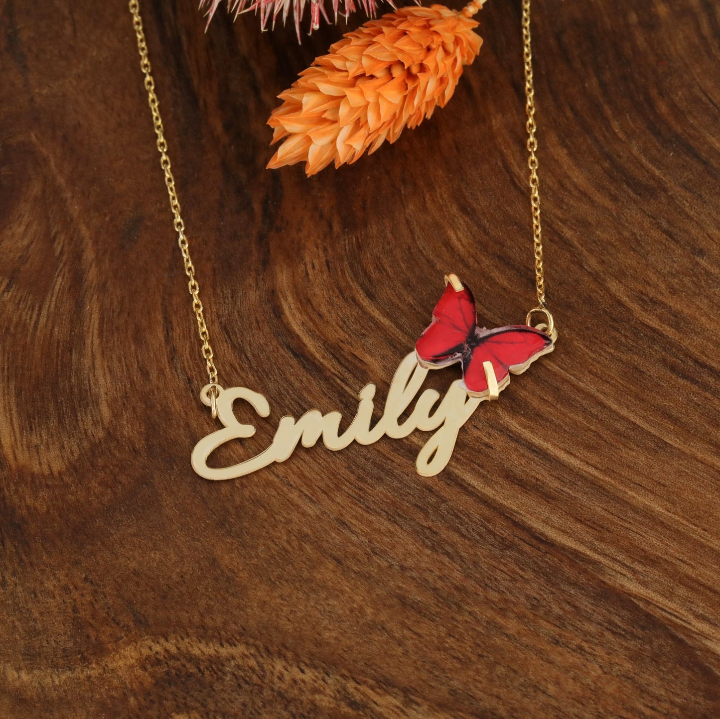 925 Ayar Gümüş Kişiye Özel Kırmızı Kelebek Tasarımlı İsim Kolye