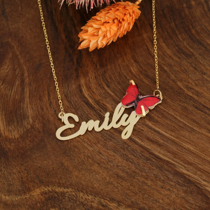 925 Ayar Gümüş Kişiye Özel Kırmızı Kelebek Tasarımlı İsim Kolye