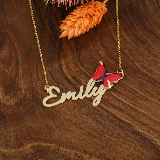 925 Ayar Gümüş Kişiye Özel Kırmızı Kelebek Tasarımlı İsim Kolye