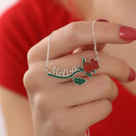 925 Ayar Gümüş Kişiye Özel  Gül Tasarımlı İsim Kolye