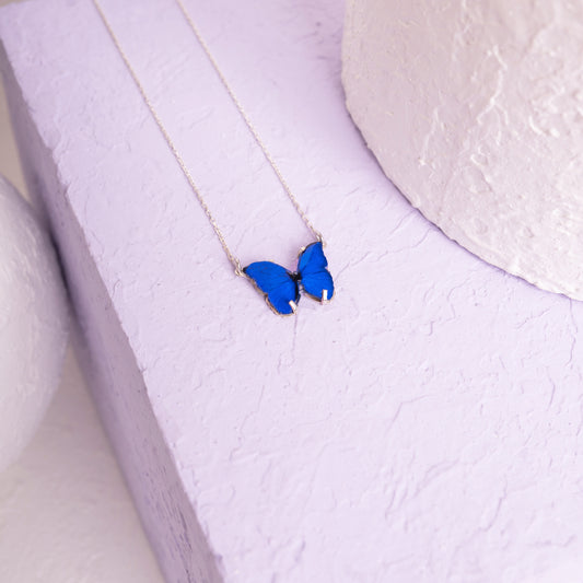 925 Ayar Gümüş Mavi Kelebek Tasarımlı Kolye