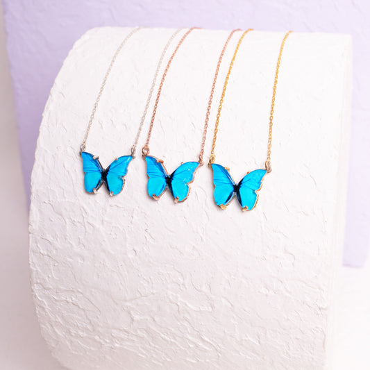 925 Ayar Gümüş Mavi Kelebek Tasarımlı Kolye