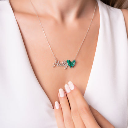 925 Ayar Gümüş Kişiye Özel Yeşil Kelebek Tasarımlı İsimli Kolye