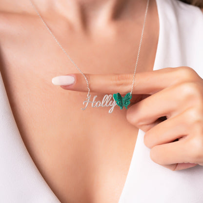 925 Ayar Gümüş Kişiye Özel Yeşil Kelebek Tasarımlı İsimli Kolye