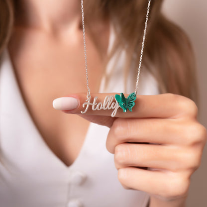 925 Ayar Gümüş Kişiye Özel Yeşil Kelebek Tasarımlı İsimli Kolye