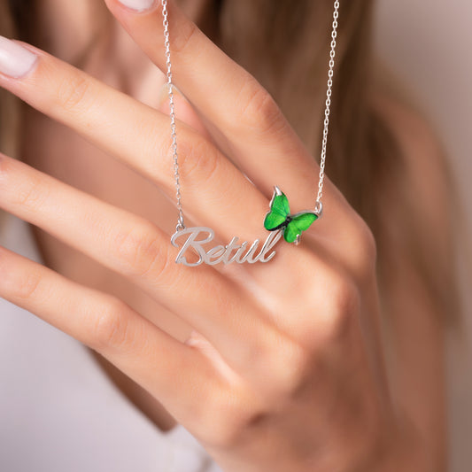 925 Ayar Gümüş Kişiye Özel Yeşil Kelebek Tasarımlı İsim Kolye