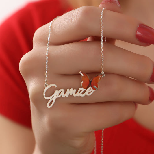 925 Ayar Gümüş Kişiye Özel Turuncu Kelebek Tasarımlı Kolye