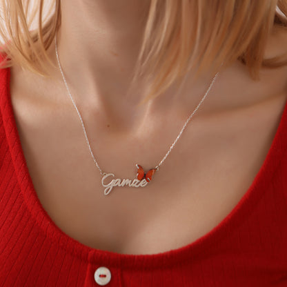 925 Ayar Gümüş Kişiye Özel Turuncu Kelebek Tasarımlı Kolye