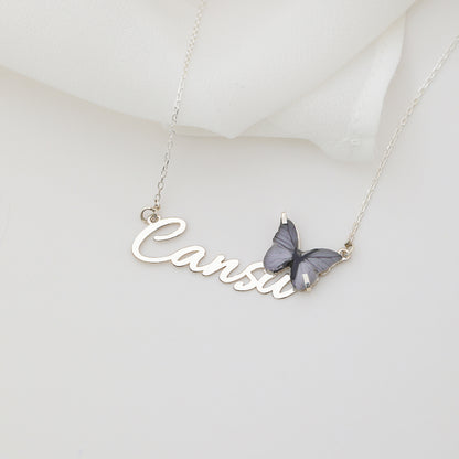 925 Ayar Gümüş Kişiye Özel Lila Renk Kelebek Tasarımlı Kolye