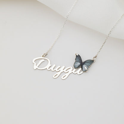 925 Ayar Gümüş Kişiye Özel Siyah Kelebek Kolye