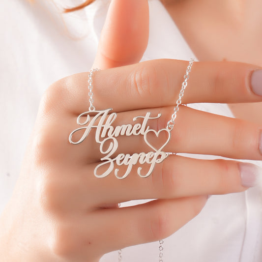 925 Ayar Gümüş Kişiye Özel Kalp Tasarımlı İki İsim Kolye