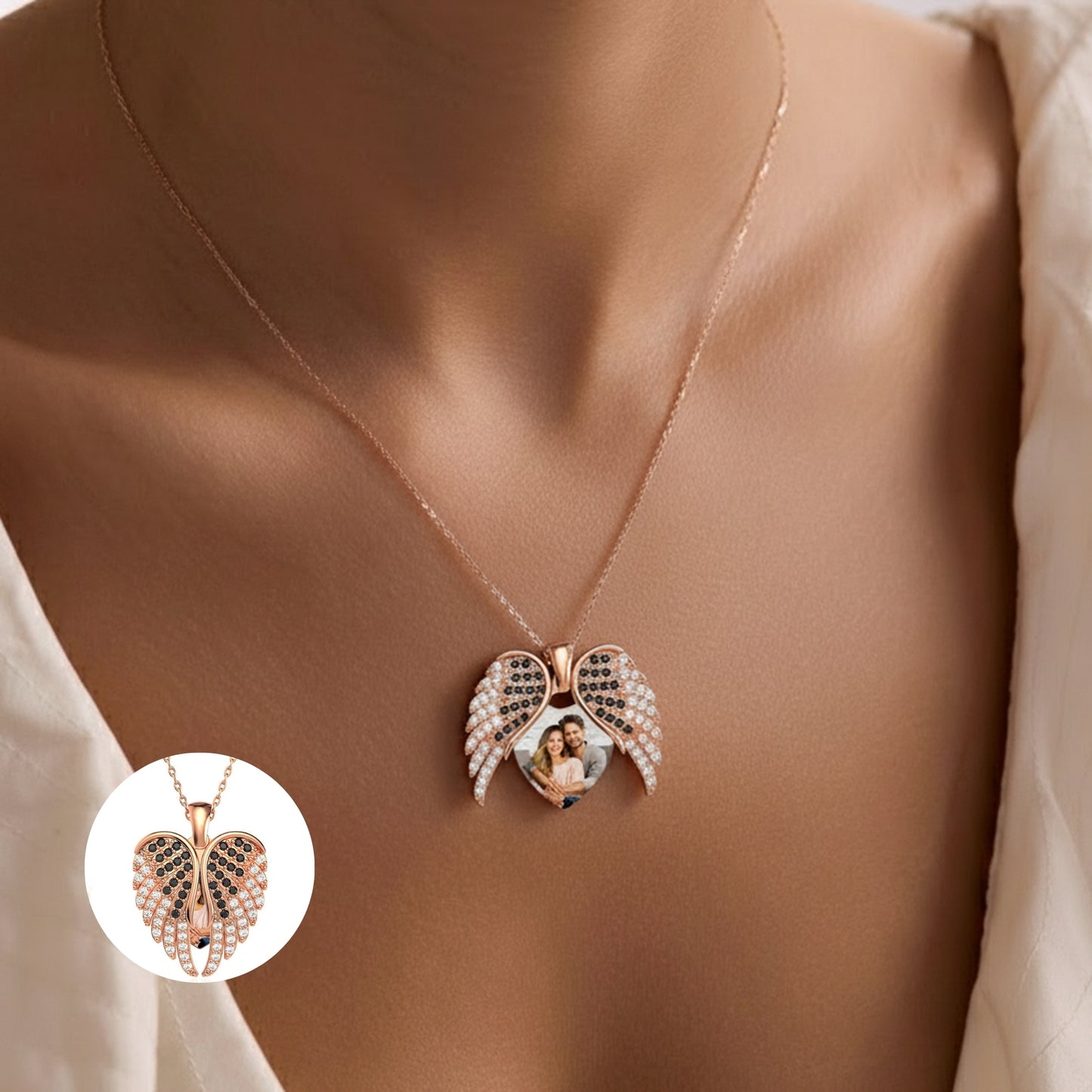 925 Ayar Gümüş Melek Kanat Tasarımlı Kişiye Özel Fotoğraf Kolye