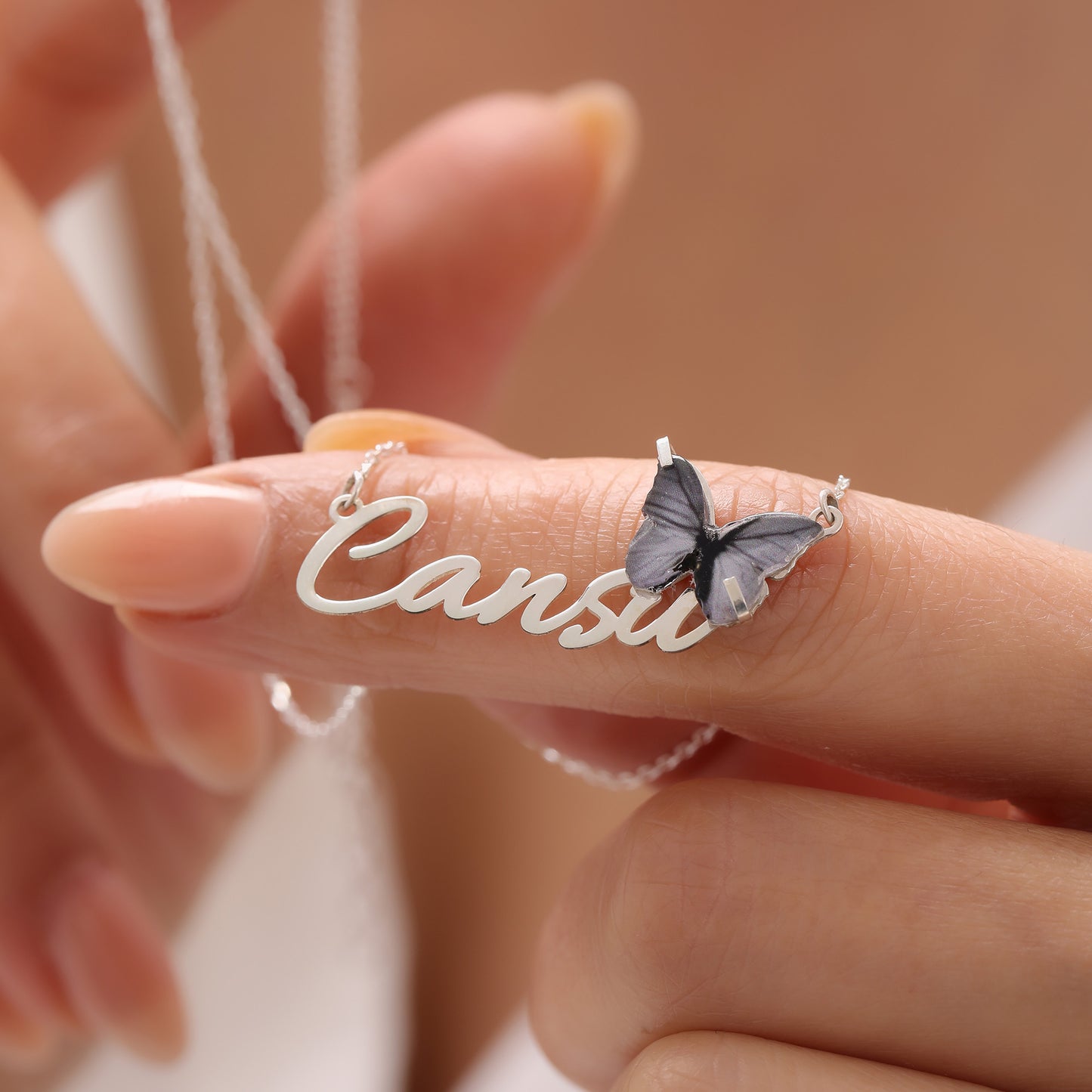 925 Ayar Gümüş Kişiye Özel Lila Renk Kelebek Tasarımlı Kolye