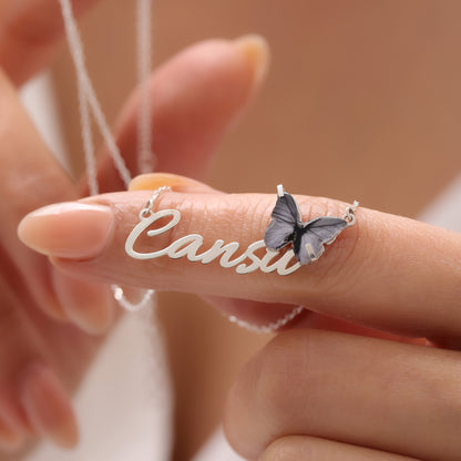 925 Ayar Gümüş Kişiye Özel Lila Renk Kelebek Tasarımlı Kolye