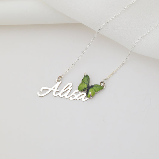 925 Ayar Gümüş Kişiye Özel Yeşil Kelebek Tasarımlı İsim Kolye