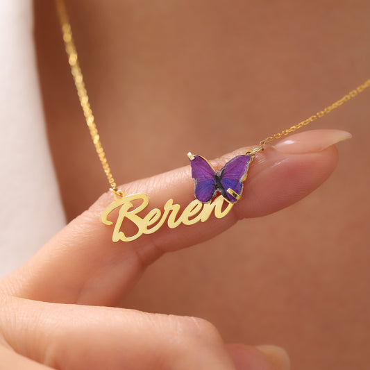 925 Ayar Gümüş Kişiye Özel Mor Kelebek Tasarımlı Kolye