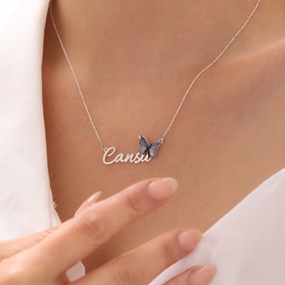 925 Ayar Gümüş Kişiye Özel Lila Renk Kelebek Tasarımlı Kolye