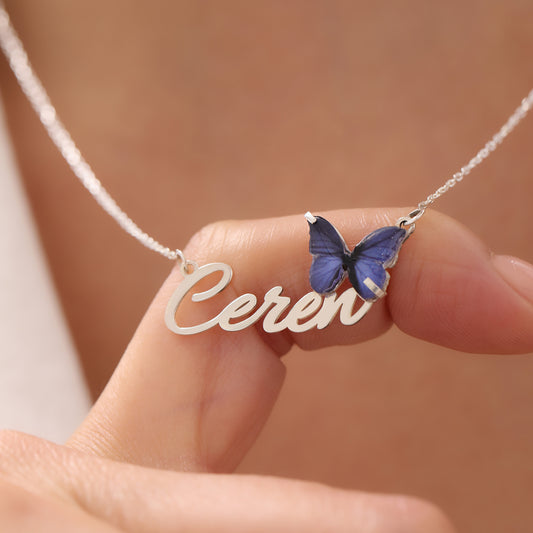 925 Ayar Gümüş Kişiye Özel Mor Kelebek Tasarımlı Kolye