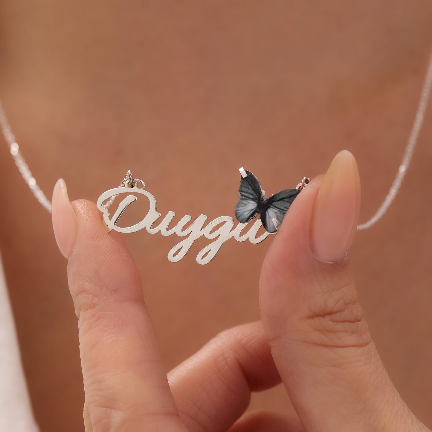 925 Ayar Gümüş Kişiye Özel Siyah Kelebek Kolye