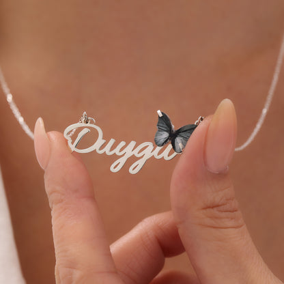 925 Ayar Gümüş Kişiye Özel Siyah Kelebek Kolye