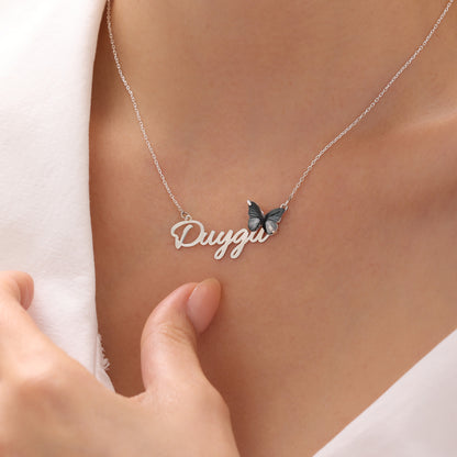 925 Ayar Gümüş Kişiye Özel Siyah Kelebek Kolye