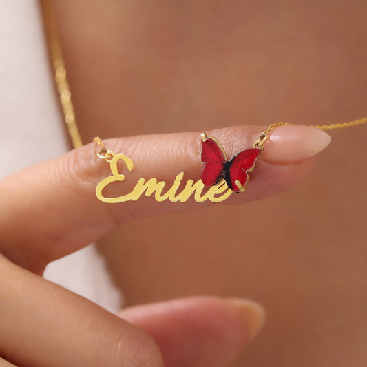 925 Ayar Gümüş Kişiye Özel Kırmızı Kelebek Tasarımlı İsim Kolye