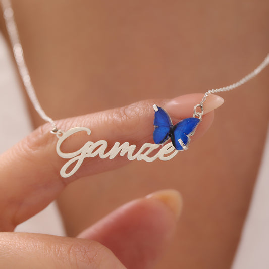925 Ayar Gümüş Kişiye Özel Mavi Kelebek Tasarımlı Kolye