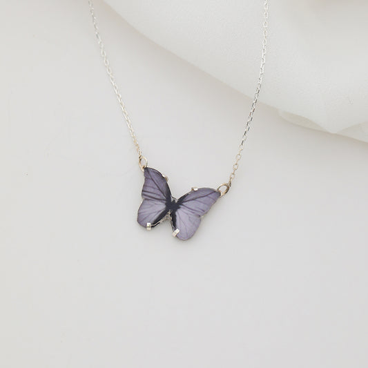 925 Ayar Gümüş Lila Renk Kelebek Tasarımlı Kolye