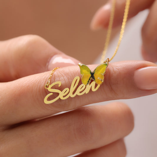 925 Ayar Gümüş Kişiye Özel Sarı Kelebek Kolye